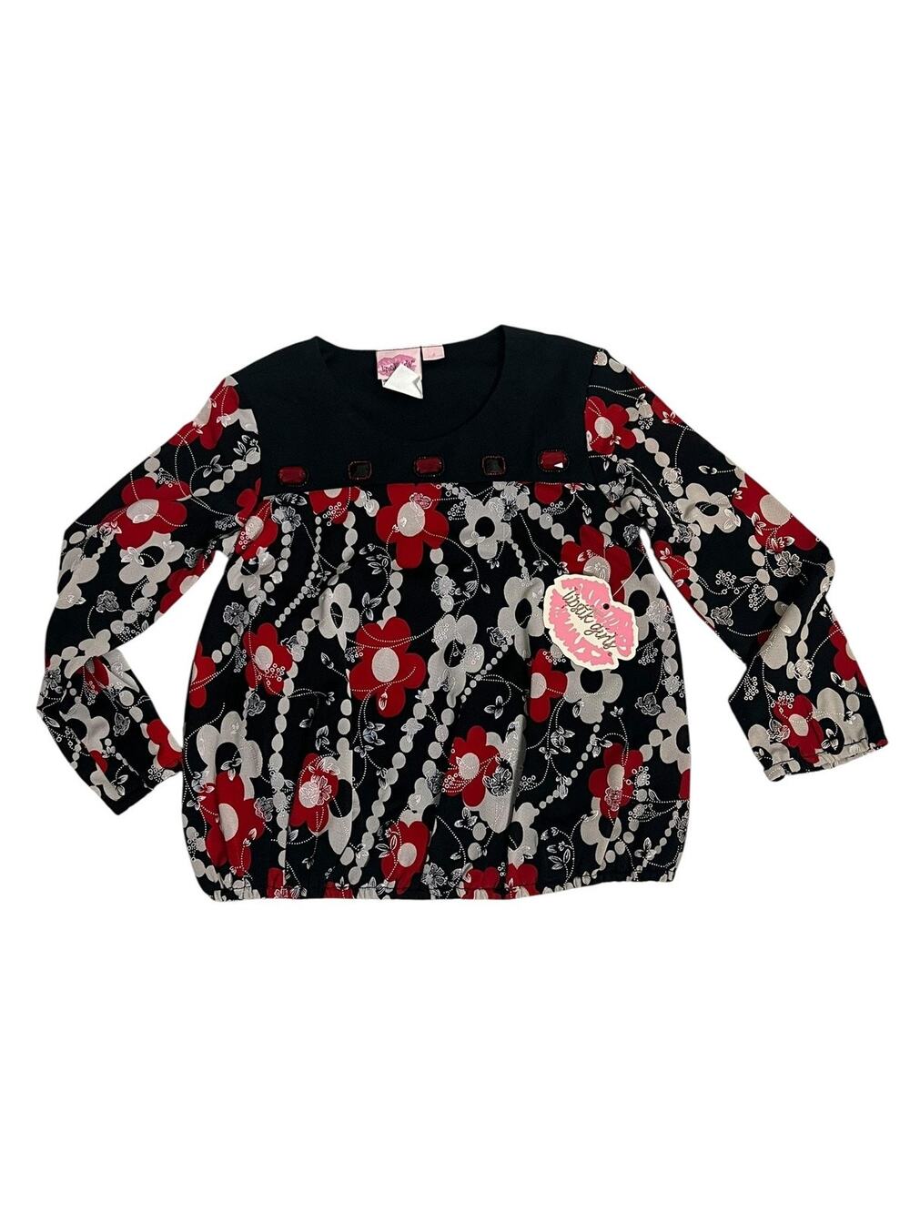 Lipstik Girls Tunic Blouse Girls 4 Black Red Floral Long Sleeve Dressy Top NWT